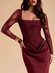 SHEIN BAE 棕色蕾絲掛脖高開衩洋裝，適合雞尾酒會、浪漫約會、派對、婚禮伴娘禮服、晚宴洋裝 - 酒紅色 - 查看 3