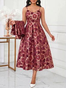 SHEIN Lady 女款時尚優雅百褶酒紅色提花細肩帶洋裝外套兩件套，適用公民儀式、夏季婚禮、正式晚宴 - 紅色 - 查看 4