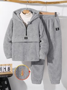 SHEIN Little Byeori 2件組男童冬季休閒返校穿搭套裝，包含抓絨半拉鍊連帽衛衣與寬鬆慢跑長褲，秋季加厚保暖校園套裝 - 灰色 - 查看 1