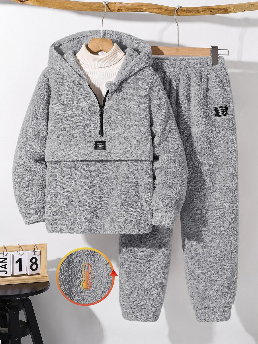 SHEIN Little Byeori 2件組男童冬季休閒返校穿搭套裝,包含抓絨半拉鍊連帽衛衣與寬鬆慢跑長褲,秋季加厚保暖校園套裝 - 灰色 - 查看 1