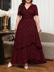 Reflora Plus Size Summer Elegant Jacquard Dress Wedding Formal Evening Dark Purple - Burgundy - View 3