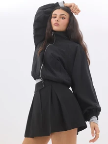 KÆRIA Hus High Waist Box Pleat Mini Skirt - Wool Blend - Black, Tailored, Preppy, Office - Navy Blue - View 2