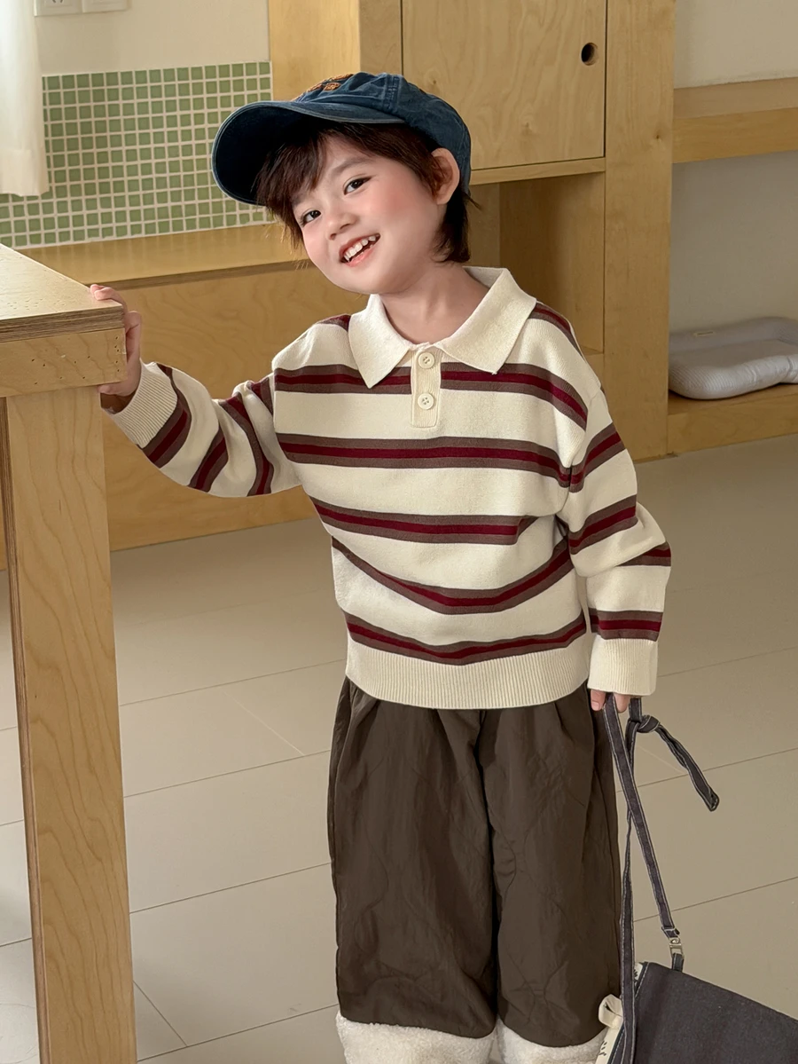 DAZY Infant (Boy) Turn Collar Striped Korean Style Long Sleeve Sweater - Coffee Brown - View 1