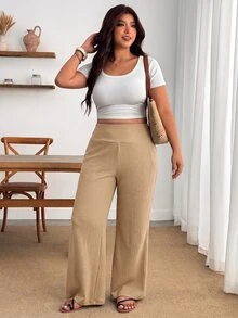 SHEIN PETITE CURVE 大尺碼女款休閒黑色高腰喇叭褲 秋季 - 卡其色 - 查看 7