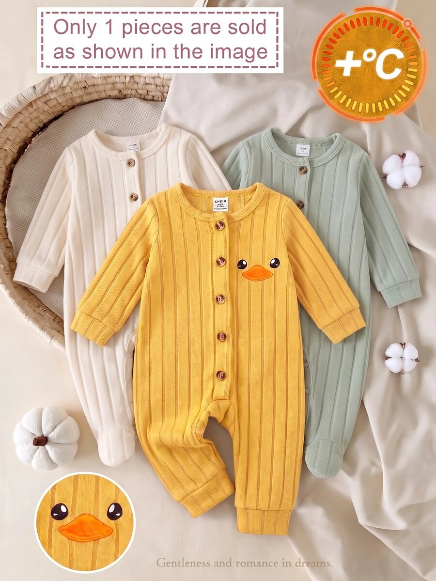 SHEIN Newborn Baby Cartoon Pattern Casual Daily Home Long Sleeve One-Piece Long Pants Pajamas - Yellow - View 1