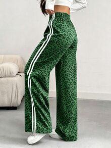 INAWLY Women's Casual Loose Fit Contrast Color Side Design Wide Leg Pants, Spring/Summer - Green - View 2