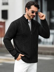 Marcello Vane 男士秋冬羅紋拉鍊長袖針織開襟衫 - 黑色 - 查看 6