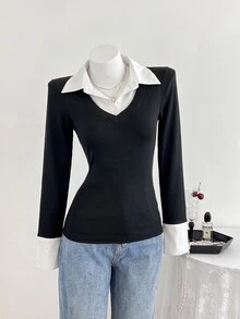 Elamini 女款休閒修身針織拼接條紋襯衫 - 黑色 - 查看 3