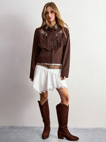 Willow Rêve Women's Floral Embroidered Pattern Casual Daily Wear Long Sleeve Jacket - Brown - View 4