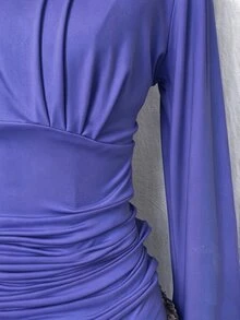 Flirla Autumn Fashion Solid Color Bell Sleeve Ruched Waist T-Shirt - Dusty Purple - View 3