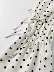Easura Plus Size Casual Black & White Polka Dot Cinched Waist Long Sleeve Bell Sleeve Blouse - Apricot - View 4