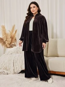 Lacomfia Women's Velvet Loose Elegant Versatile Autumn/Winter Coffee Color Plus Size 2 Pieces Set - Coffee Brown - View 6