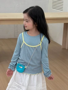 Dazy Kids Young Girl) Round Neck Design 2 In 1 Tank Top Patchwork Casual Contrast Color Inner Layer Autumn T-Shirt - Blue - View 8