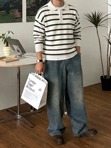 DAZY 秋冬款白色、黑色、棕色條紋 Polo 領男士毛衣 - 白色 - 查看 4