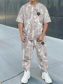 青少年男孩休閒簡約短袖圓領T恤與長褲套裝，適合夏季，附卡通圖案 - 彩色 - 查看 1