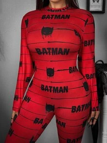 Whyspr BATMAN X SHEIN Plus Size Women's Letter Print Long Sleeve Casual Jumpsuit - Multicolor - View 7