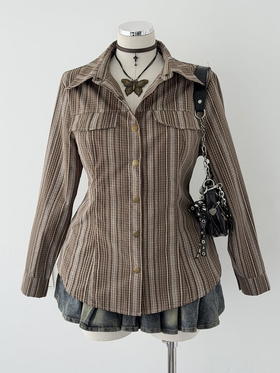 Sunspun Plus Size Striped Long Sleeve Shirt With Back Tie - Multicolor - View 1