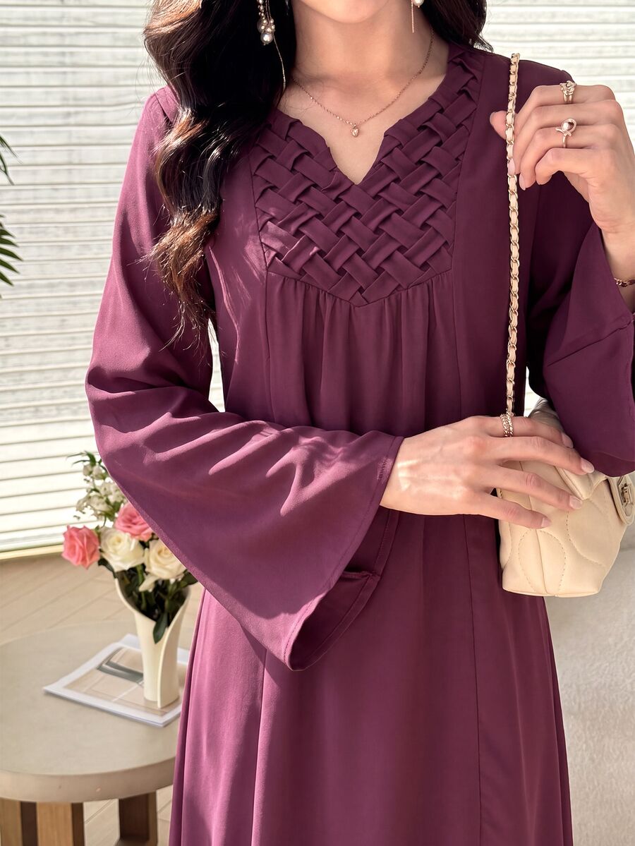 Al Najma Burgundy Abaya Muslim Dress, Woven Textured VNeck Bell Flare Sleeve Loose Flowy Soft Fabric Arabic Robe For Daily Party Evening, Modest Elegant - Burgundy - View 1