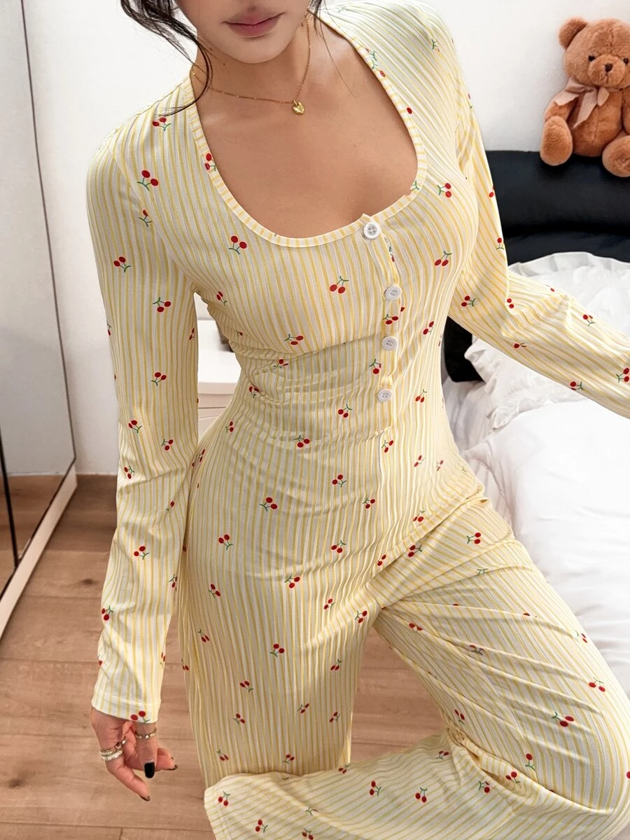 Napfluff جمبسوت بطراز مثير وتصميم بأكمام طويلة وطبعة كرز وخصر مشدود ملابس منزلية - أصفر - مشاهدة 1