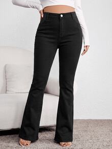 SHEIN 孕婦高腰口袋休閒喇叭牛仔褲 女款西部牛仔風冬季服飾 - 黑色 - 查看 3