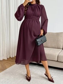 SHEIN Maternity Solid Color Pleated Casual Party & Travel Dress - Burgundy - View 3