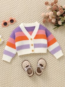 SHEIN كارديجان ألوان متباينة للبنات الصغيرات خريف - متعدد الألوان - مشاهدة 7