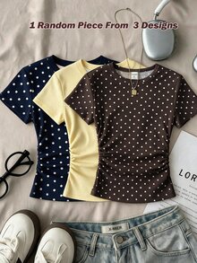 Teen Girls Casual Minimalist Polka Dot Print, Round Neck Waist Ruched Fitted Short Sleeve T-Shirt Suitable For Spring Summer Autumn Winter All Seasons Y2k, Easy Comfort, Tops, Chill, Polka Dot, Personalized Outfit, Daily Basic Matching - Multicolor - View 1