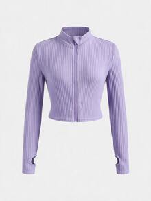 SHEIN Tween Girl 紫色羅紋針織運動服套裝 拇指孔立領長袖開襟衫 + 喇叭褲 2件套穿搭 - 紫色 - 查看 3