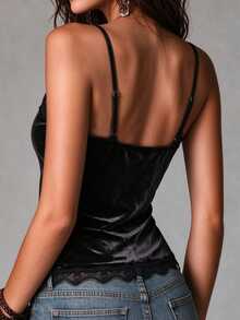 LUMIGAL Women's Lace Patchwork Casual Daily Wear Camisole Top - Black - View 2