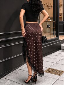 Modelyn Women's Lace Patchwork Asymmetrical Hem Elegant Skirt For Commute, Party And Casual Wear Polka Dots Fall/Winter - Brown - View 3