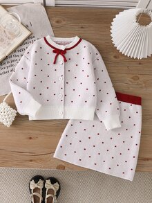 SHEIN Young Girl Polka Dot Bow Decor Long Sleeve Top And Skirt Knit Set - White - View 1