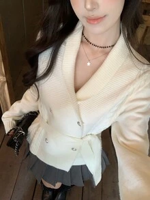 DAZY Women's Elegant Korean Style Long Sleeve Solid Color Cardigan, Autumn/Winter - White - View 5