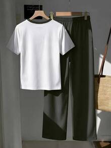 SHEIN EZwear 女款騎士印花圓領短袖T恤與抽繩腰長褲休閒套裝 - 深灰色 - 查看 2
