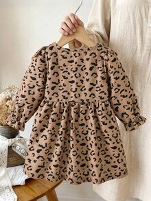 SHEIN Glamorique Kids 1件女嬰洋裝，春/秋休閒森系風格，適合幼兒與嬰兒 - 咖啡棕 - 查看 2