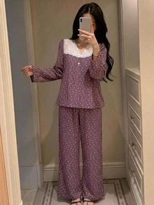 DAZY 2pcs/Set Women's Pajama Set, Lace Patchwork Sweet Floral Loose Long Sleeve Top And Straight Leg Long Pants - Purple - View 1