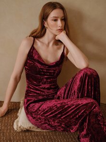 MOTF PREMIUM WOMEN'S PLEATED CAMI TOP AND PANTS CASUAL DAILY HOME SLEEPWEAR SET - Burgundy - View 2