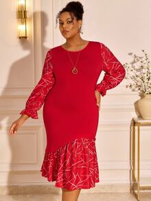 BrightlyHer Plus Size Red Ruffle Asymmetrical Ruffle Trim Round Neck Long Sleeve Dress Elegant Formal Fall Winter 2026 Christmas Party Evening - Red - View 9