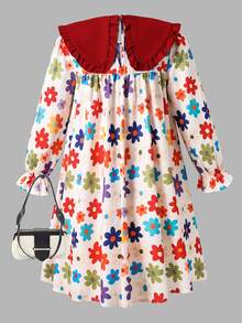 SHEIN 少女花卉印花休閒日常夏季洋裝 - 紅色 - 查看 2