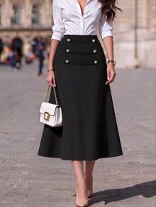Juhart Plus Size Autumn/Winter Commuter Napoleon Style A-Line Skirt - Black - View 1