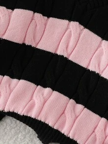 SHEIN 1件少女經典粗繩編織條紋時尚V領修身長袖中厚度毛衣 - 彩色 - 查看 4