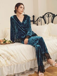 Côtesoire South French Elegant Mature Diamond Velvet Lace Patchwork Open Front Women's Pajama Set - Dark Green - View 1