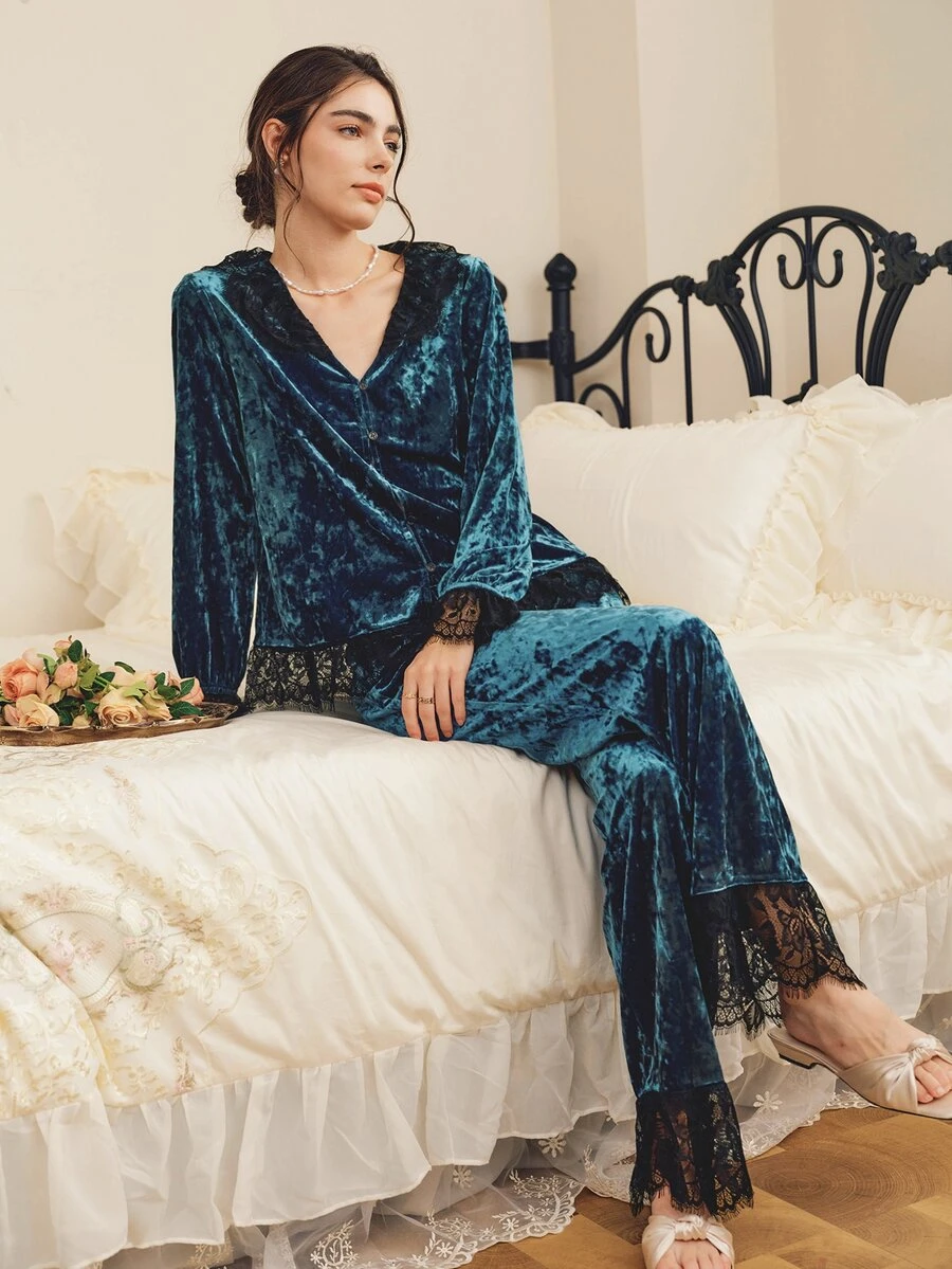 Côtesoire South French Elegant Mature Diamond Velvet Lace Patchwork Open Front Women's Pajama Set - Dark Green - View 1