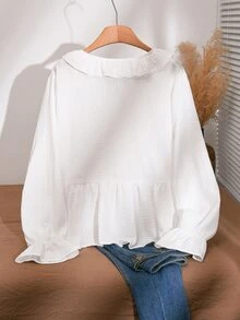 CosyJoli Plus Size Women's Solid Color Patchwork Ruffle Side Waist Tie Casual Shirt - White - View 2