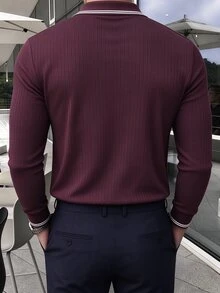 JOLTRO 男士條紋長袖休閒通勤 Polo 衫 - 酒紅色 - 查看 2