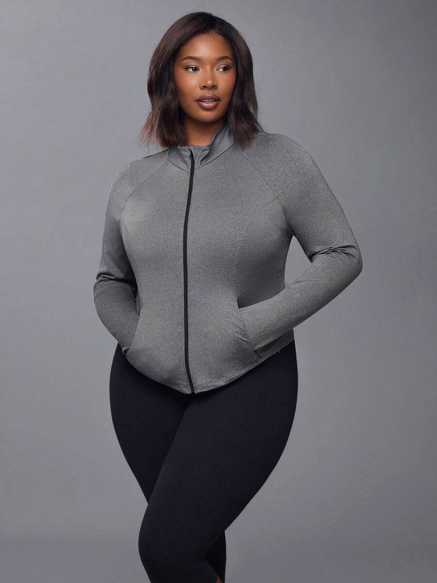 Voyena Women's Plus Size Solid Color Raglan Long Sleeve Zip-Up Sports Jacket - Grey - View 1