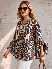 Ceyna Leopard Print Ruffle Trim 3/4 Sleeve V-Neck Plus Size Top, Suitable For Office Commute, Brunch Gatherings, Elegant Style Fall - Multicolor - View 4