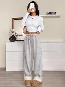 SHEIN EZwear 秋季新款女款加厚抓絨內裡純色抽繩休閒運動長褲，極簡時尚，適合日常穿著、登山、居家，淺灰色 - 灰色 - 查看 6