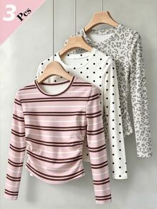 (3 Pcs) Kaos Lengan Panjang Kasual Modis Motif Polkadot Abu-abu Leopard Pink Coklat Putih dengan Pinggang Berkerut untuk Anak Perempuan - MultiWarna - View 1