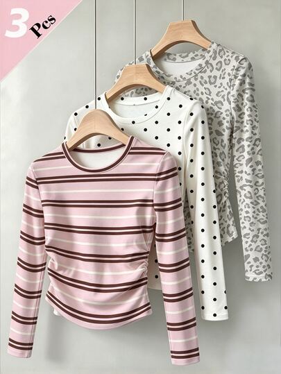 (3 Pcs)Tween Girls Casual Fashion Polka Dot Grey Leopard Print Pink Brown White Striped Pattern Ruched Waist Long Sleeve T-Shirt