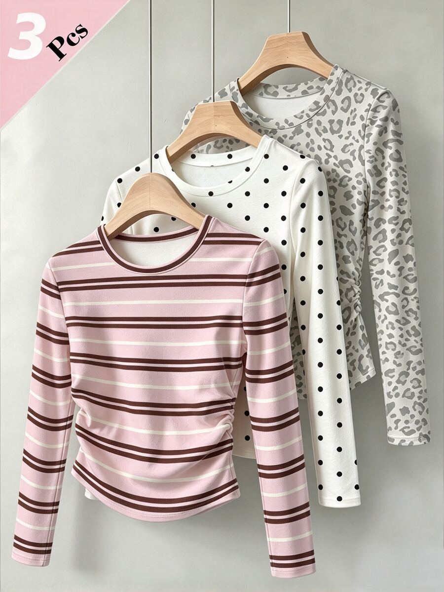 (3 Pcs) Kaos Lengan Panjang Kasual Modis Motif Polkadot Abu-abu Leopard Pink Coklat Putih dengan Pinggang Berkerut untuk Anak Perempuan - MultiWarna - View 1
